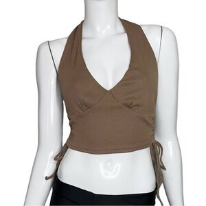 🤑 5/$25 SHEIN Brown Runched V-Neck Ribbed Halter Crop Top